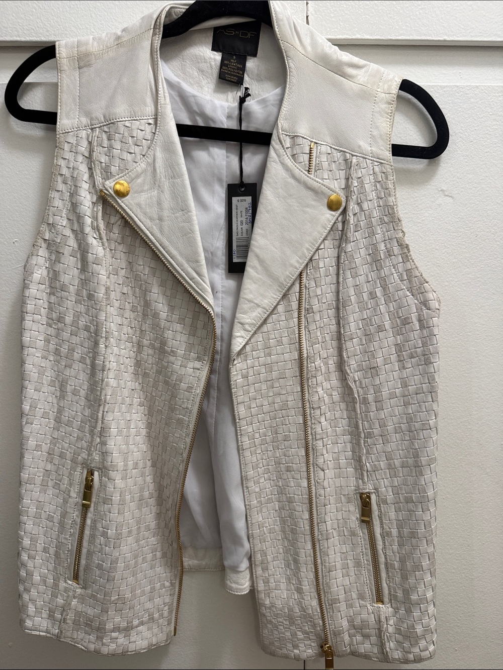 NWT AS by DF White Woven Leather Moto Vest with Gold Hardware small